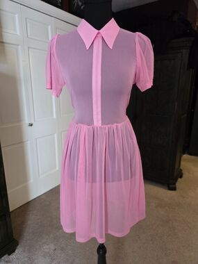 My Violet Courtney Mesh Babydoll Dress Pink S NWT Sheer Collared Stretchy